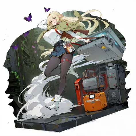 anime - style illustration of a blonde elf girl spinning a big suitcase with a hand coming out of it in front of a ruined city, purple butterflies flying around, (((big breasts))), from girls frontline, girls frontline cg, girls frontline style, girls fron...