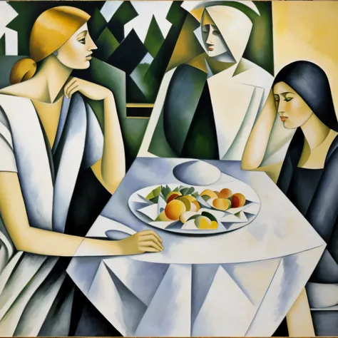 painting of Duas mulheres sitting at a table with a glass of wine, Direction: Pablo Picasso, pintura de pablo picasso, por Picasso, Duas mulheres, por Max Weber, similar aesthetics to picasso, Direction: Oswaldo Guayasamín, Direction: Paul Cezanne, estilo ...