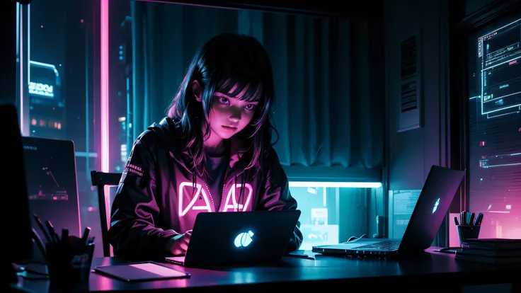 Create dark image of a cute person studying in their room neon cyberpunk style and looking at their laptop