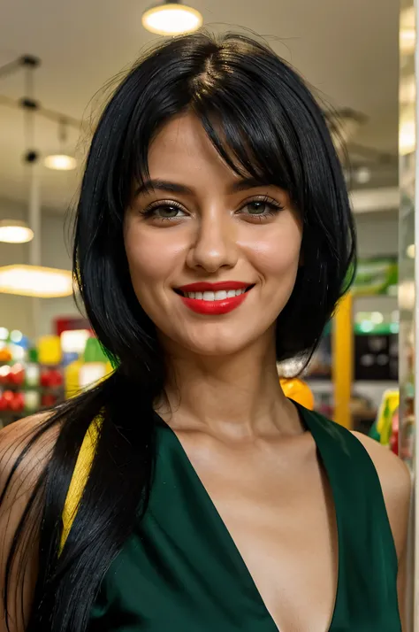 30 brazilian woman with black hair and green eyes Italian descendence, with a fringe, smilling, determined and strong look with a tone of suspense and mystery, smiling, full body in a picture shopping wearing a red dress