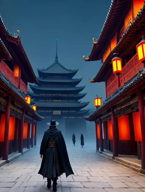 One wearing a black cloak、Arafad image of man wearing hat walking through Chinese temple, Cyberpunk Chinese Ancient Castle, Normal. author：Leng Jun, Dream China Town, Ax and Bloodborne World, epic Normal matte painting, 8k matte painting, 8k matte painting...