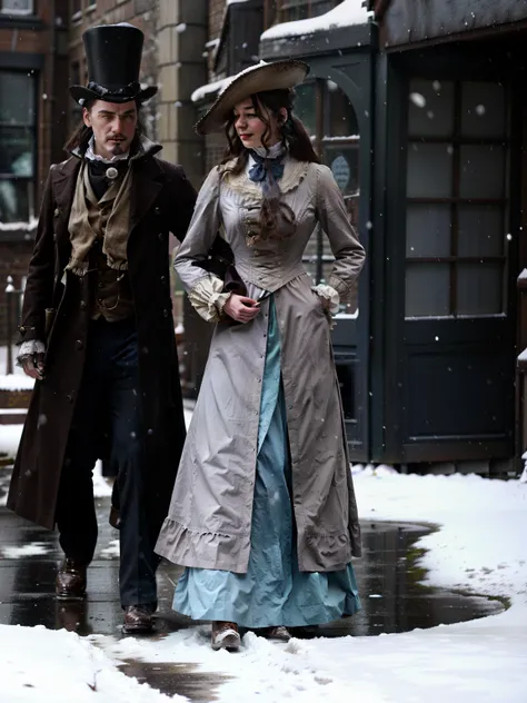 there are two people dressed in victorian clothing walking in the snow, both wearing victorian clothes, inspired victorian sci - fi, dressed like a cleric, wearing 1890s era clothes, wearing a noblewomans outfit, wearing victorian clothes, in a steampunk d...