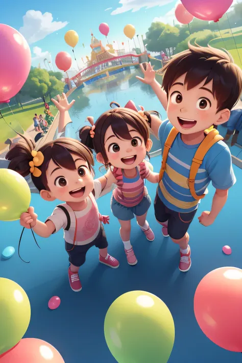 children's day, at the amusement park, children of different genders holding balloons, happy, feliz --v 6, from above