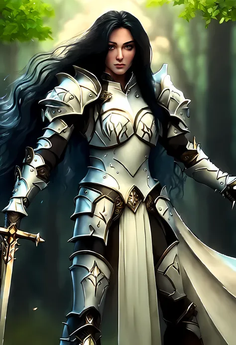 a picture of woman paladin of nature protecting the forest, a woman knight, black hair, long hair, full body DonMW15pXL (best details, Masterpiece, best quality :1.5), ultra detailed face (best details, Masterpiece, best quality :1.5), ultra feminine (best...