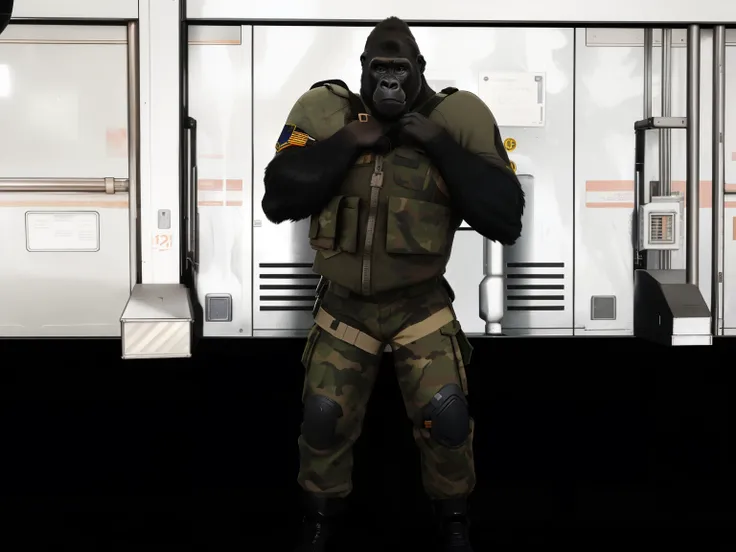 gorilla soldier in uniform, ape soldier, gorilla posing, anthro character, (gorilla 1:1), gorilla on a space station, military gorilla