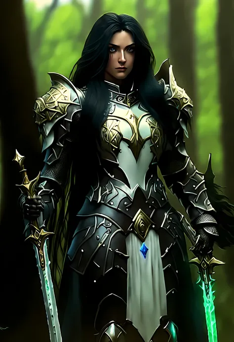 a picture of woman paladin of nature protecting the forest, a woman knight, black hair, long hair, full body DonMW15pXL (best details, Masterpiece, best quality :1.5), ultra detailed face (best details, Masterpiece, best quality :1.5), ultra feminine (best...