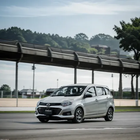 driving fast on a race circuit, early morning summer dawn light, masterpiece, best quality, 1car, daihatsu sigra, front side vie...