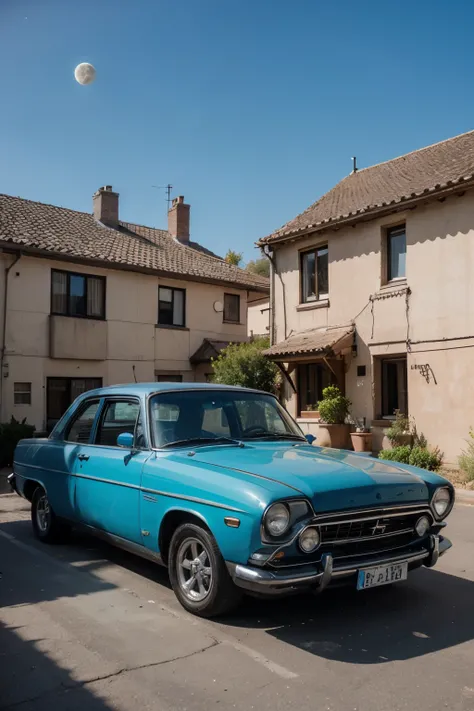 house in the moon with blue car fly i the street