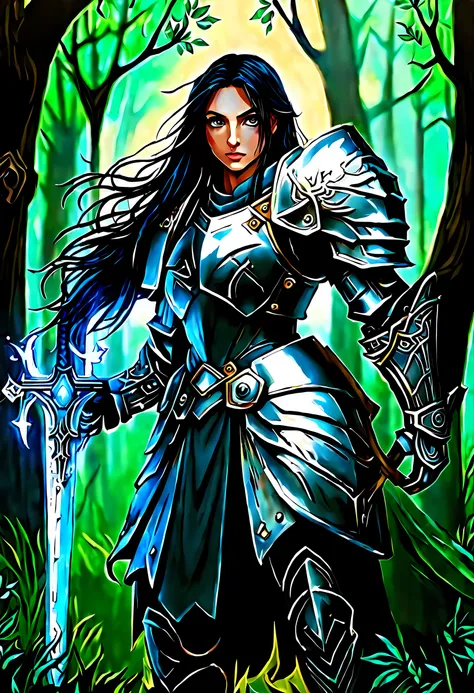 a picture of woman paladin of nature protecting the forest, a woman knight, black hair, long hair, full body DonMW15pXL (best details, Masterpiece, best quality :1.5), ultra detailed face (best details, Masterpiece, best quality :1.5), ultra feminine (best...