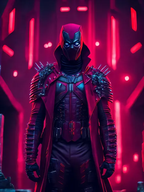  Grim portrait from Marvel dressed as Deadpool with intricate angular cybernetic implants inside a brutalist building, gothic brutalist graveyard, cyberpunk, Foto premiada, Bokeh, Neon lights, cybernetic, fireworks in the background.