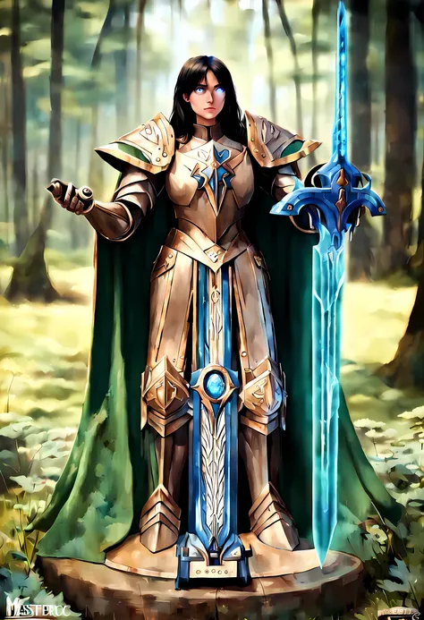 a picture of woman paladin of nature protecting the forest, a woman knight, black hair, long hair, full body DonMW15pXL (best details, Masterpiece, best quality :1.5), ultra detailed face (best details, Masterpiece, best quality :1.5), ultra feminine (best...