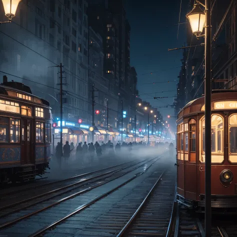 Highly artistic art, combined technique.Misty bluish view of a large panorama. An enchanting summer night in a city where only half-naked women live and luminous streetcars without drivers glide along the rails. Ban on ugliness, no bad eyes, no bad anatomy...