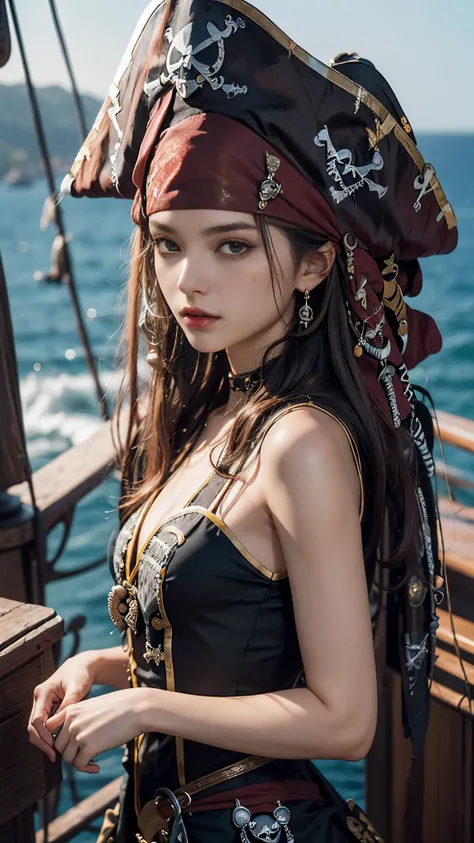 8K, ultra hd, masterpiece, 1 girl, good face, detailed eyes, very long hair, detailed lips, small breasts, (fantasy:1.2), (ultra detailed:1.5), (pirate dress:1.5), ((black dress)), titanic ship, sea, gun in hand, (perfect body),