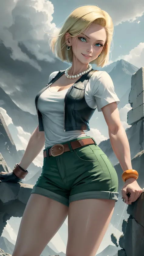 best quality, highres, and18, 1girl, android 18, solo girl, 1girl, blonde hair, blue eyes, belt, green jeans, pearl necklace, bracelets, black gloves, white shirt, short hair, short sleeves, earrings, green pants, open vest, black vest, orange socks, black...