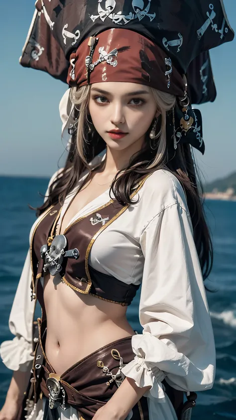 8K, ultra hd, masterpiece, 1 girl, good face, detailed eyes, very long hair, detailed lips, small breasts, (fantasy:1.2), (ultra detailed:1.5), (pirate outfit:1.5), ((white outfit)), bare waist, titanic ship, sea, gun in hand, (perfect body),