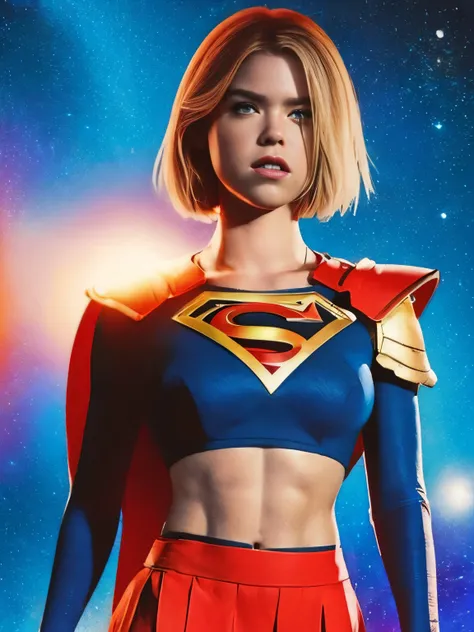 cinema poster. (((a comic style, cartoon art))). supergirl posing for photo (((in epic heroic pose))) , wearing his iconic red a...