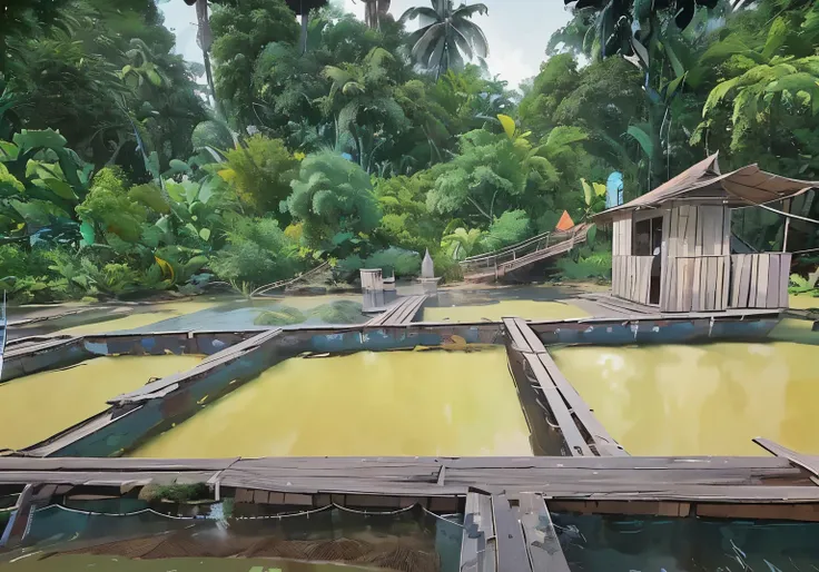 Fish cages under the river, fish nets in the river, fish cage business, Malaysia river fish cage breeder, wooden panels for walking beside the fish cages, oil drums on wooden panels, Malaysia trees, and jungle in the background, 2D animation background ar...