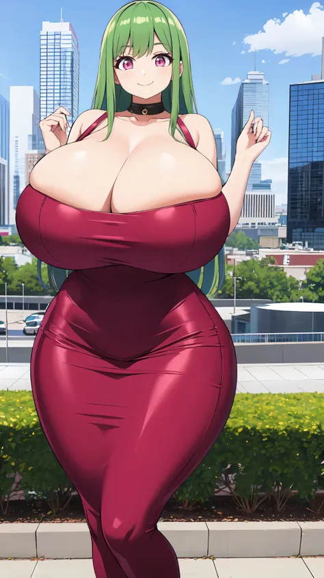 smile, pencil_dress, pink eyes, green hair, wide hips, gigantic breasts, cityscape, gigantic breasts