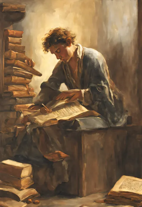 Reminiscent of Rembrandts chiaroscuro, a young man sits bathed in the warm glow of a candle, surrounded by scattered books and scrolls. His face reflects exhaustion and determination, but his eyes light up as he imagines himself playing a lively tune for h...