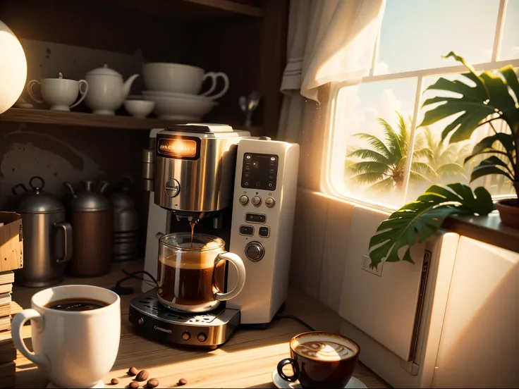 Change this coffee machine background, Marble countertops, sun rise, in keywest kitchen, radiant light shinning in, 8k