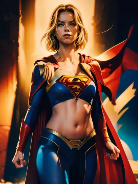 cinematic. (((a comic style, cartoon art))). supergirl posing for photo (((in epic heroic pose))) , wearing his iconic red and b...