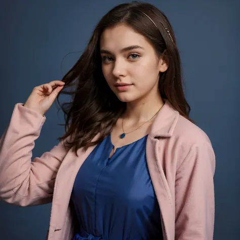 23 years old lady, big thighs, in coat dress, dress, medium size , perfect face, wearing google and necklace, coat, portrait, front side view, blue background, looking towards camera, happy, mild face, pink dress