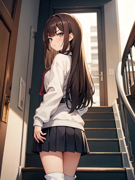 (1) Peeking into the pants of a girl climbing the stairs.
(2) her skirt is too short、You can almost see my white pants.
(3) she is wearing turtle knit, pleated mini skirt and long boots.
(4) her hair is long brown.
(5) Her expression is glaring backwards.....