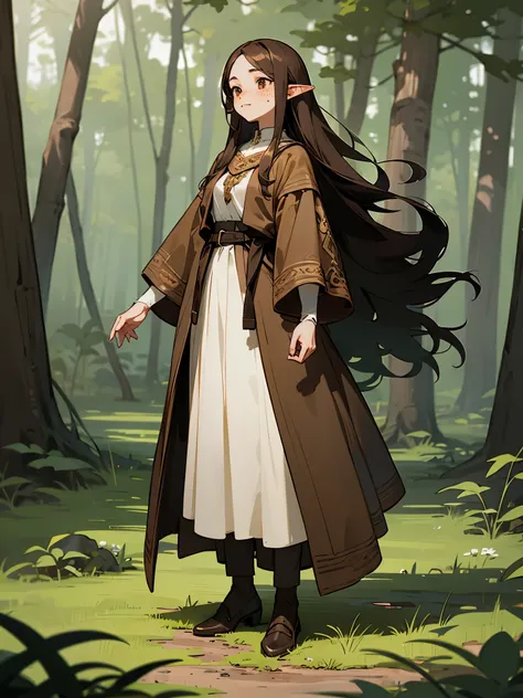 Elf girl, long brown hair, brown eyes, freckles, brown clothes in a forest, full body