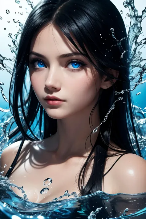 1 girl, black hair, blue eyes manipulating water, wallpaper, high contrast, colorful