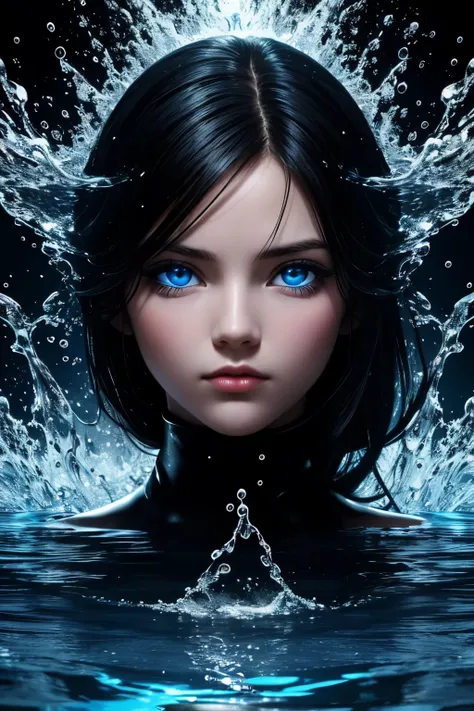 1 girl, black hair, blue eyes manipulating water, wallpaper, high contrast, colorful