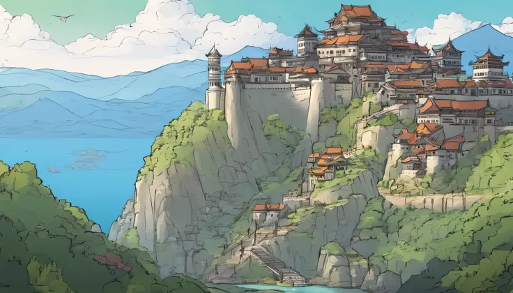 崖の近くの水に浮かぶ小さなボートのanime scenery, town along the cliff, mountain fortress city, Ross Tran. scenic background, Greg Rutkowski Studio Ghibli, Detailed Landscape - Width 672, anime scenery, anime sceneryのコンセプトアート, Anime background art, flying cloud castle, 美しいa...