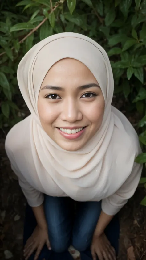 1 matured 40 years old malay girl in hijab naked kneeling and smiling in a bushes looking to the viewer, top angle shot, pov fro...