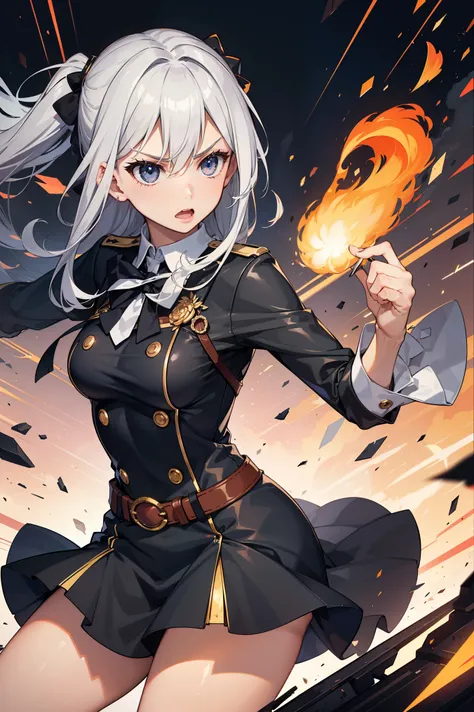 1 girl, silver hair, black eyes, black uniform, detailed face, detailed eyes, fighting pause, angry, mad, ((fighting))