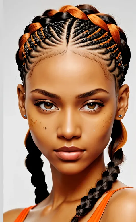 modern hairstyle with braids , hair color orange, white skin ,black eyes ,еuropean facial featuresand face turned towards the camera /anfas/