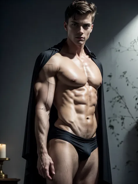 Photorealistic, ((best quality)), ((masterpiece)), (detailed),(full body shot:1.4) masculine portrait of young vampire, 18-year-old male models, handsome, tall, cute looking, evil look, dark look, powerful, young male, handsome model, clean shave, silver e...