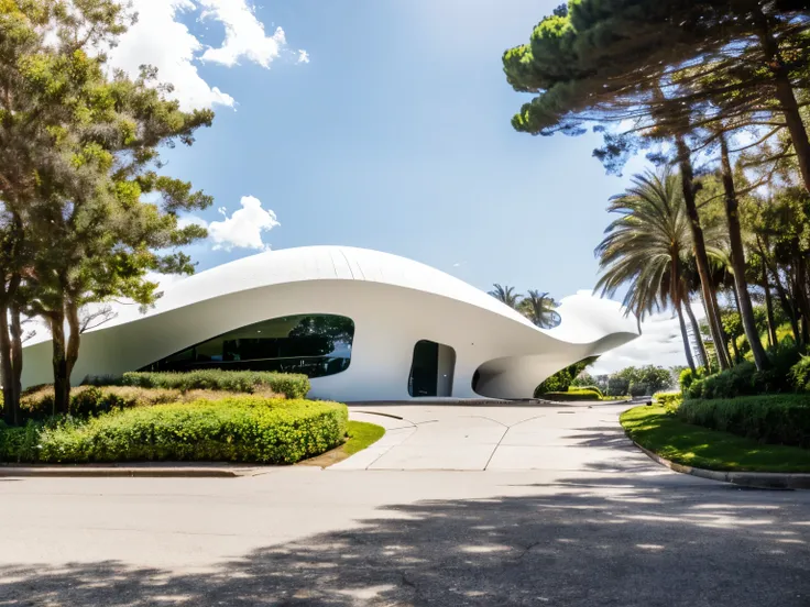 foto crua, (biomorphic museum building seen from outside), ((front elevation)), (limestone), curvilinear, bordas curvas, mediter...