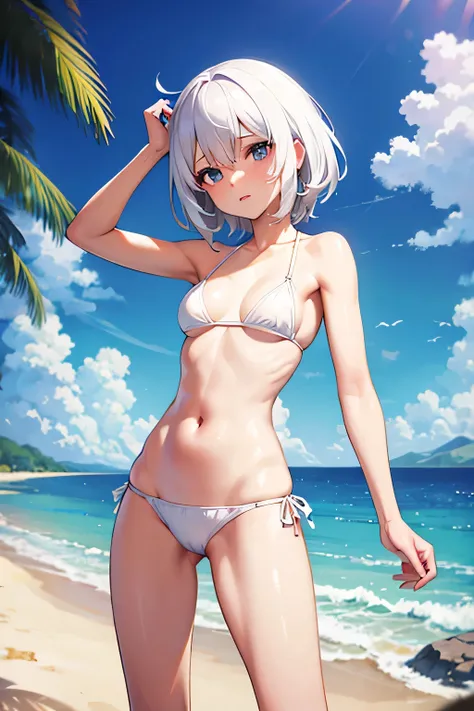 personagem feminina, cabelo branco, seios pequenos, bikini, praia, no bikini top