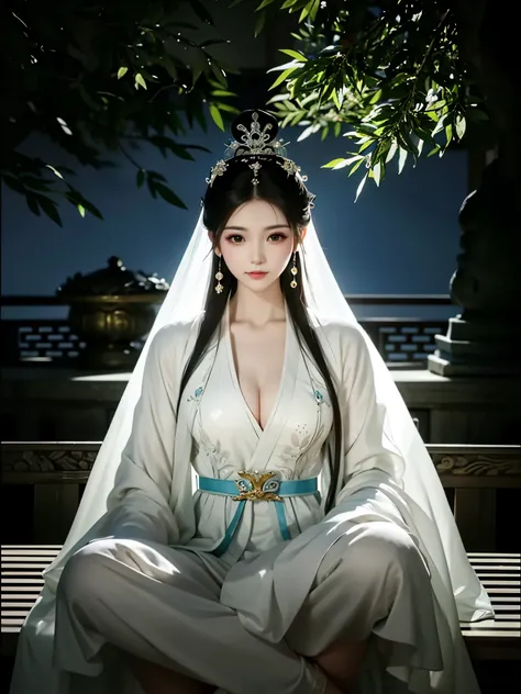 Alafid woman in white dress sitting on bench, beautiful fantasy queen, ((beautiful fantasy queen)), ancient chinese princess, Queen of the Sea Mu Yanling, white hanfu, xianxia fantasy, chinese princess, full body xianxia, ancient chinese beauties, xianxia,...