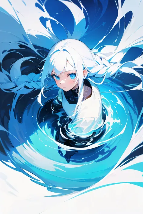 1 girl, white hair, braids, blue eyes manipulating water, wallpaper, high contrast, colorful