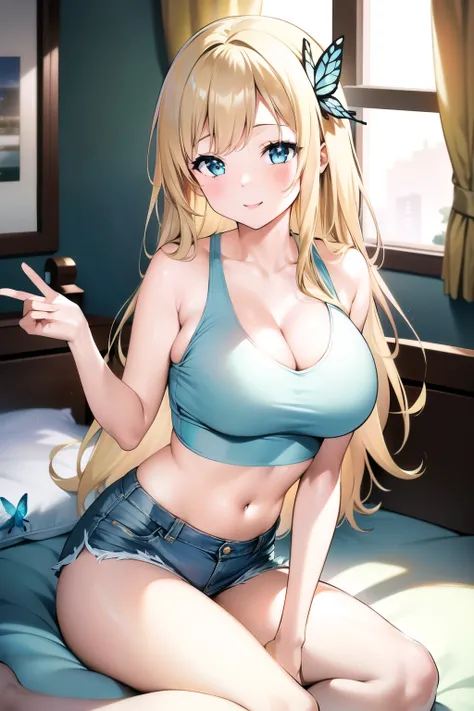 masterpiece, best quality, highres, kashiwazaki sena, butterfly_hair_ornament, blonde hair, long hair, large breasts, aqua eyes, 1girl, solo, bangs,crop top, short jeans, cowboy shot, smile, sexy pose, bed, bedroom, pillow, window, sitting, sitting on bed,...