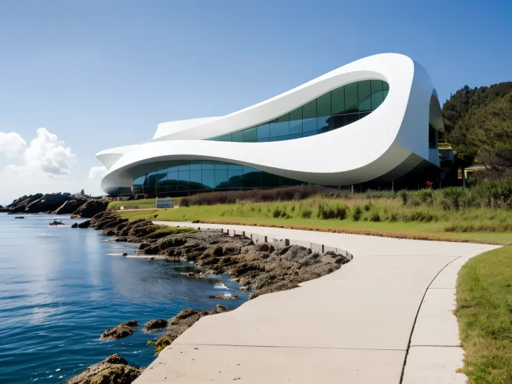 foto crua, (biomorphic museum building seen from outside), ((front elevation)), (limestone), curvilinear, bordas curvas, mediter...