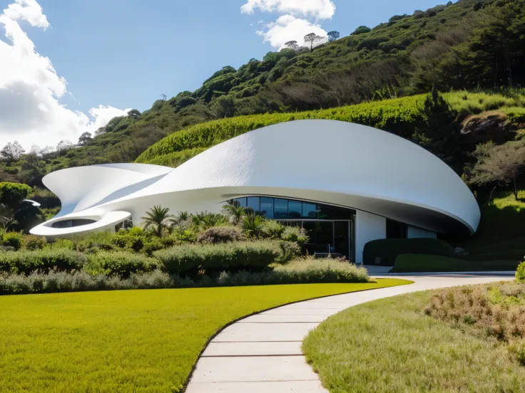 foto crua, (biomorphic museum building seen from outside), ((front elevation)), (limestone), curvilinear, bordas curvas, mediter...