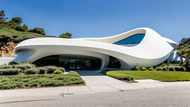 foto crua, (biomorphic museum building seen from outside), ((front elevation)), (limestone), curvilinear, bordas curvas, mediter...