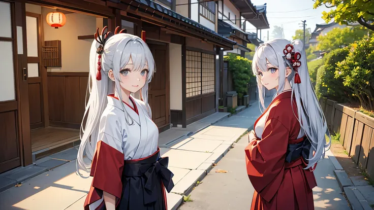 A girl in Japanese clothes is walking through the streets of the Edo period.。Japanese-style house。silver hair、long hair。smile、bow、hakama