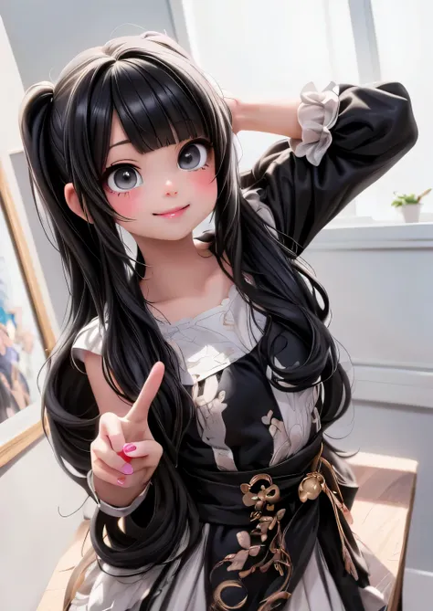 masterpiece, best quality, a cute girl smiling with long black hair and a black and white dress, black hime cut hair, she has black hair with bangs, long black hair with bangs, anime girl cosplay, with black pigtails, anime girl in real life, with long bla...