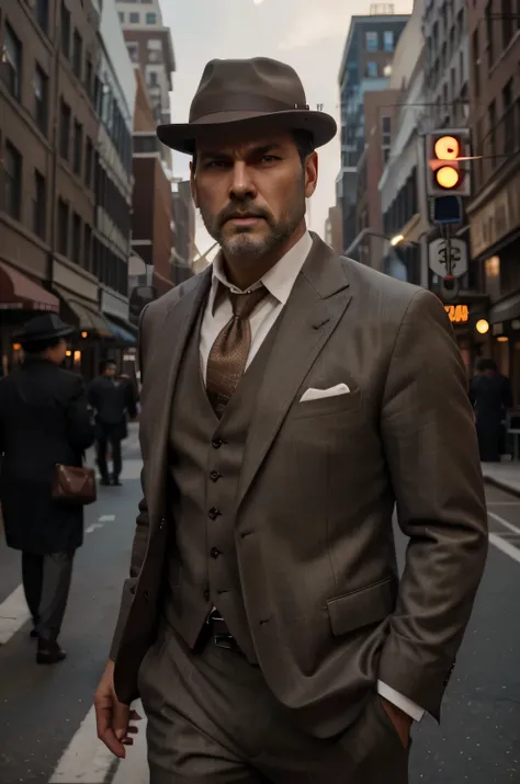 male, aged 44, short hair, greying brown, beard, brown suit, fedora hat, film noir detective, 6 feet tall, athletic, realistic skin, age lined face, Boston street, smoking, 8k, RAW, photorealistic