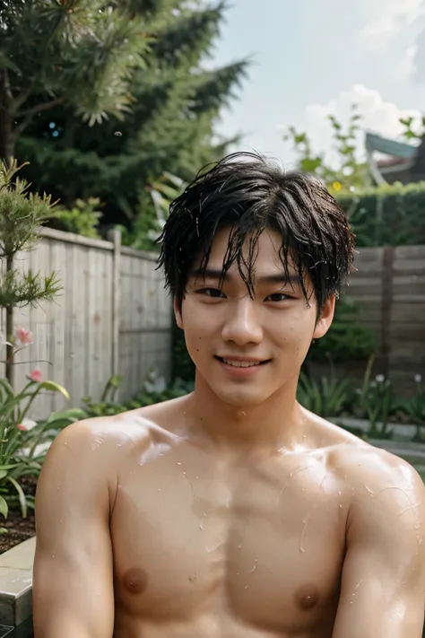 A 21 year old Korean man, BTS singer style, just his face, wet hair, shirtless, self photo, shy, smiling, in a garden, self photo, front camera,