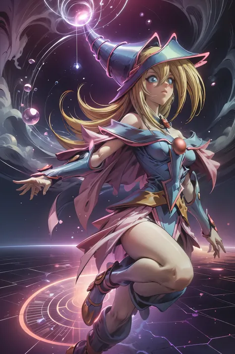 Dark magician gils. Cabello rubio y largo. Ojos azules. Labios rojos. Levitating above a circle of magic. Energy heart in the air. Pose de piernas levantadas. Pose sensual y inocente. Efectos de hechizos en las manos. 