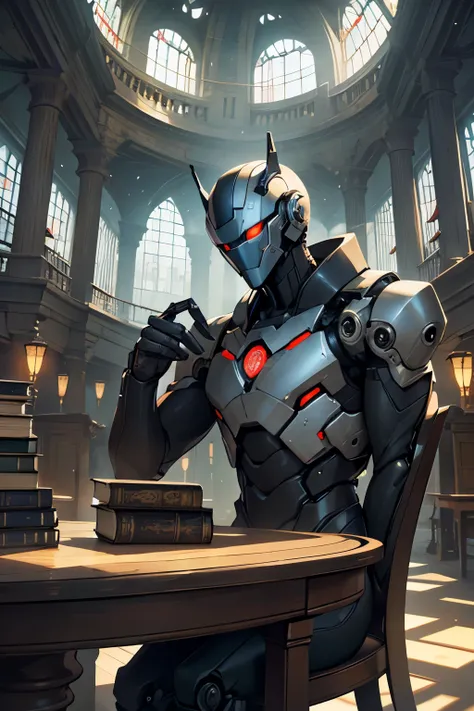 In the hushed sanctuary of the library, a sleek robot figure occupied a table, engrossed in the turn of pages of an ancient tome. Its metallic frame was subtle against the worn, wooden furniture, a stark contrast to the surrounding tranquility. With intric...