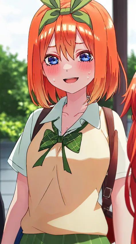 best quality, masterpiece, highres, solo, {nakano_yotsuba_gotoubunnohanayome:1.15}, orange_hair, bangs, ribbon, green_ribbon, hair_ribbon, blush, hair_between_eyes, blue_eyes, short_hair, eyebrows_hidden_by_hair, smile, 1girl, collarbone, open_mouth, shirt...